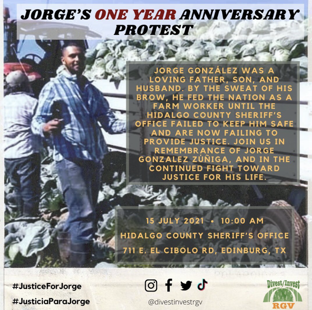 A flyer with a photo of an older man smiling in front of a truck full of cabbages. The flyer shares his story and a call to action for a protest in remembrance of his life lost to police brutality.