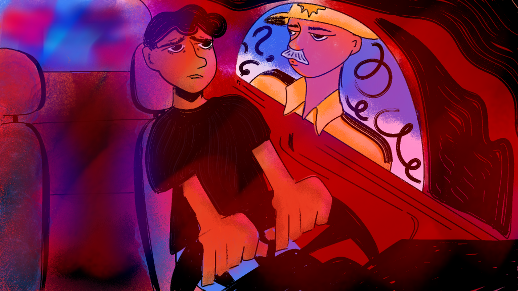 Illustration of a Texas state trooper stoping a Hispanic citizen, the citizen looks worried.