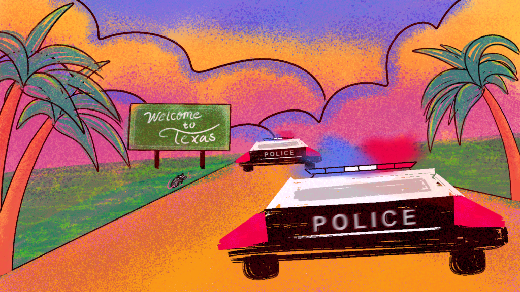 Illustration of police cars with lights on as they pass a sign that reads, “Welcome to Texas.”