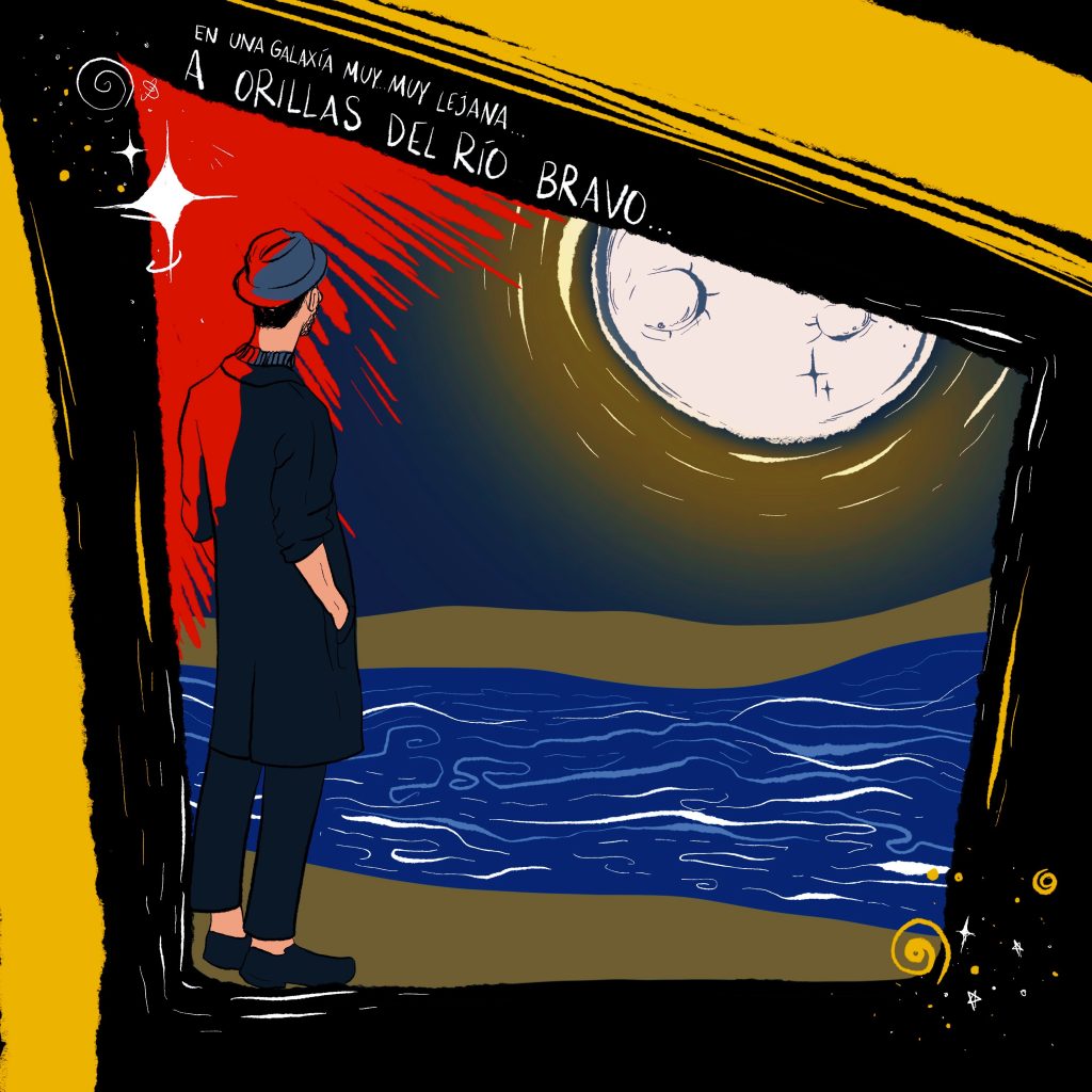 A comic book panel depicting a Hispanic man staring at a blue river while a full moon shines brightly.
