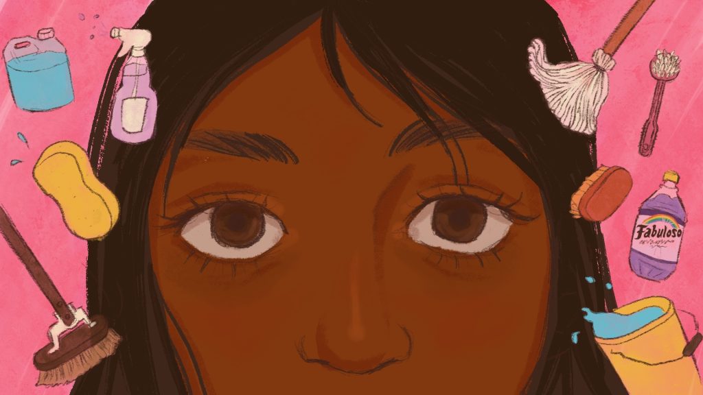 Closup of a woman’s tired brown eyes with cleaning products surrounding her.