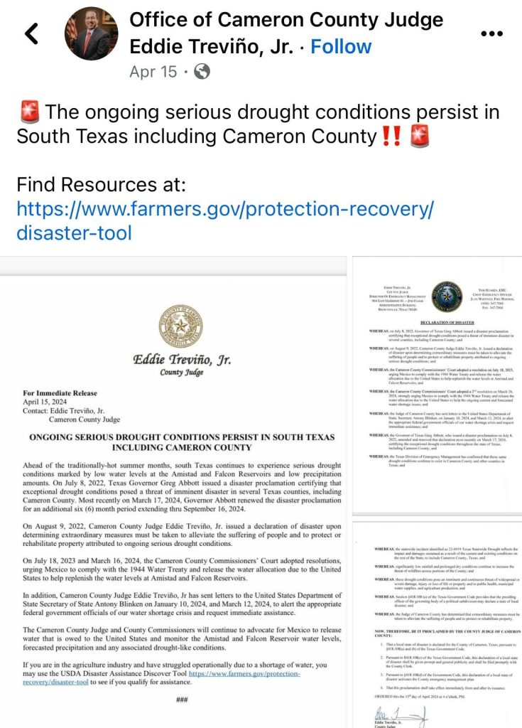 A screenshot of a Facebook post regarding a disaster declaration in Cameron County.