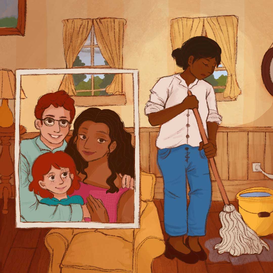 A woman in a white top and jeans mops the floor of a living room. At the forefront is a family portrait of a man, woman, and child.