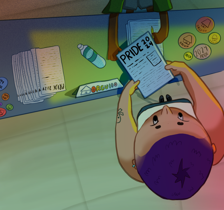 Aerial view of an advocate sharing information about resources to a community member during a pride event.