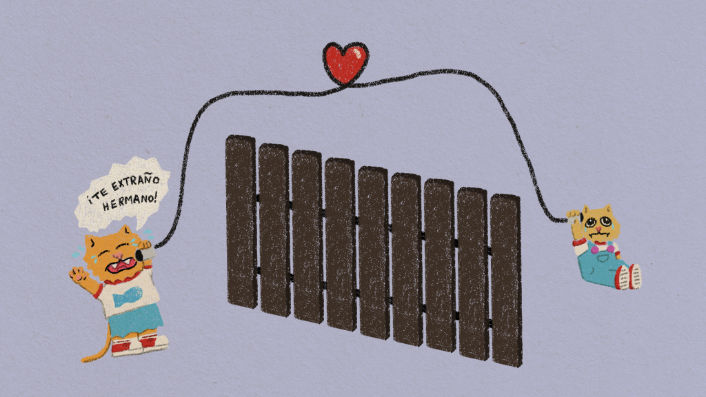 Two characters are separated by a barrier, communicating through a microphone and expressing how much they miss each other.