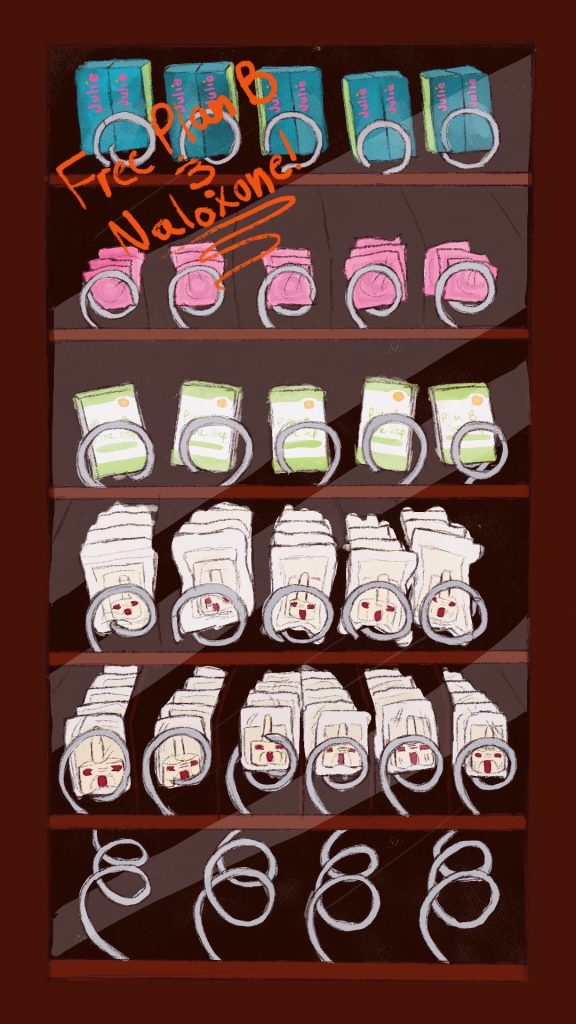 Illustration of a vending machine stocked up with Plan B, Narcan and condoms.