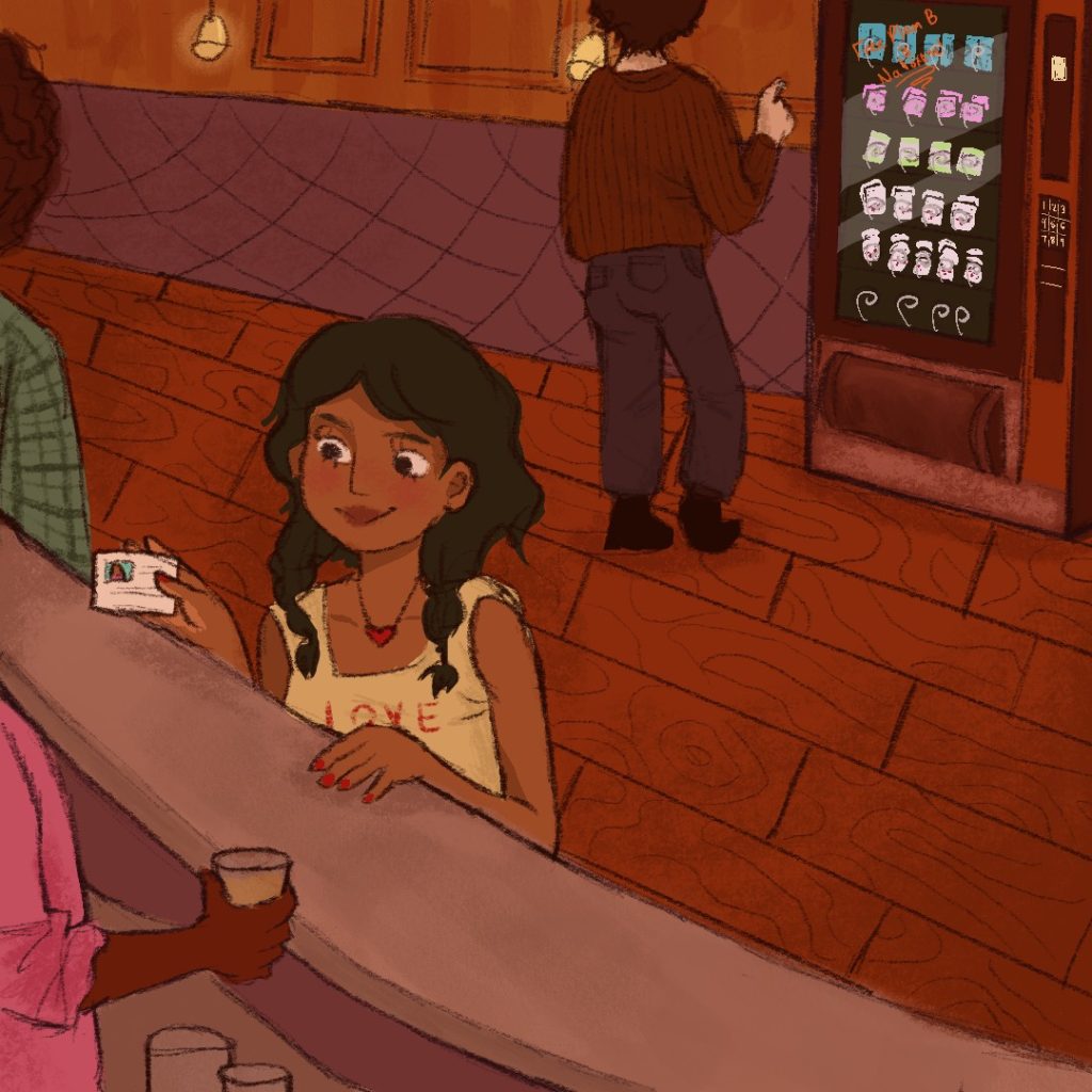 Illustration of a young woman at a bar and a person behind her looking at the contents of a vending machine stocked with Plan B, condoms, and narcan.