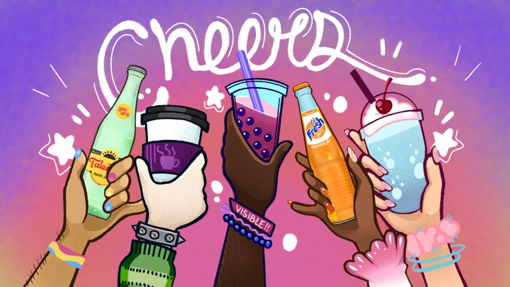 Hands of people toasting with non-alcoholic drinks. I want the drinks to be clearly non-alcoholic drinks. Bracelets identify the individuals as members of varying LGBTQ communities (bi, pan, ace, etc.)
