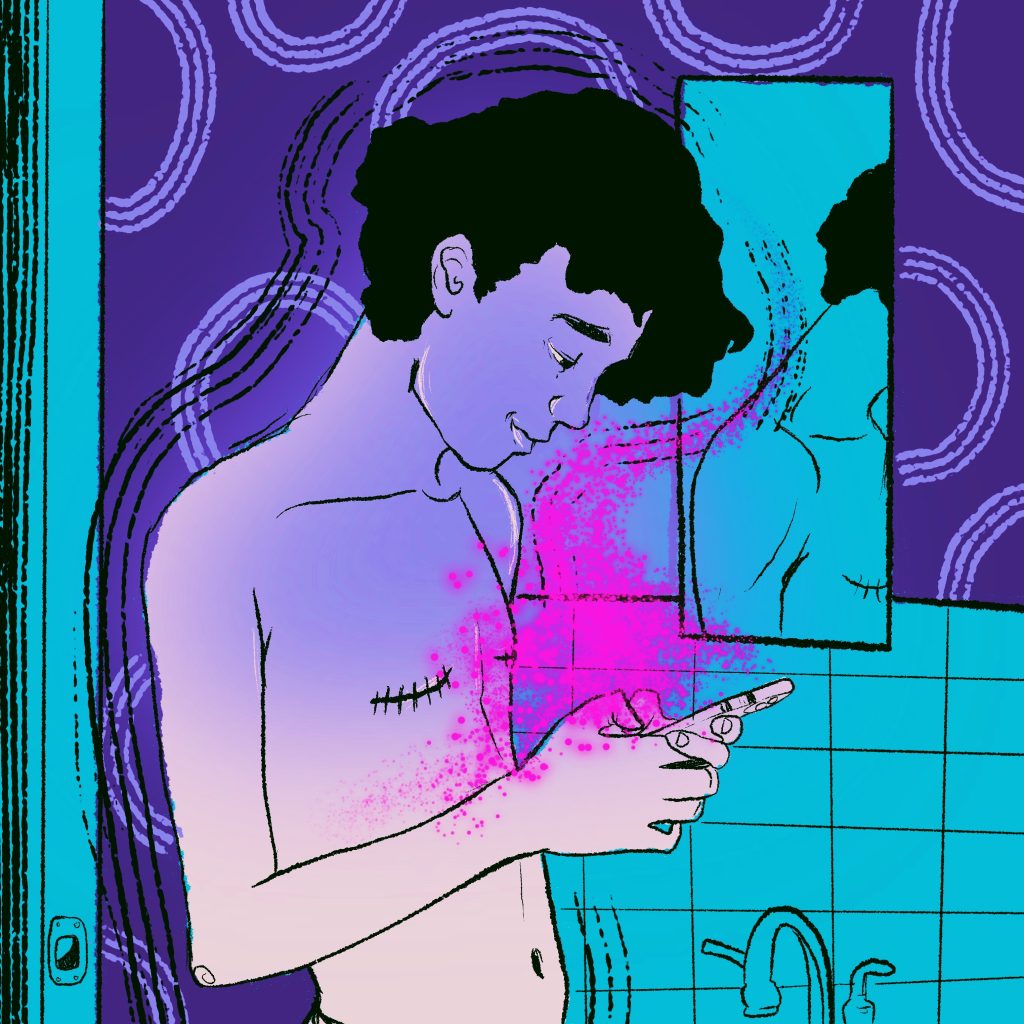 A young man with surgery scars on their chest texts on the phone.
