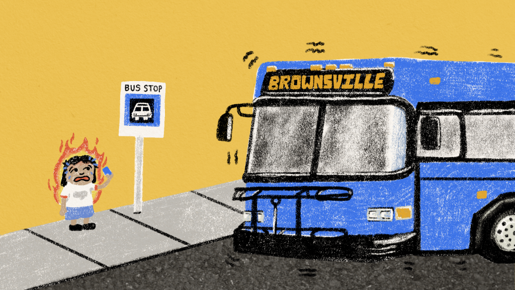 An orange cat crying person waits for a blue bus with the words Brownsville on top on a hot day.