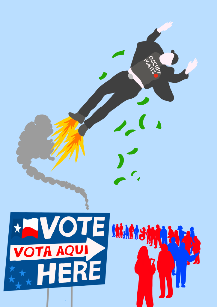 A blue Vote Here/Vota Aqui sign with white text points to a meandering line of red and blue individuals while Elon Musk wearing all black, including an Occupy Mars T shirt, flies over dropping dollars over the line.