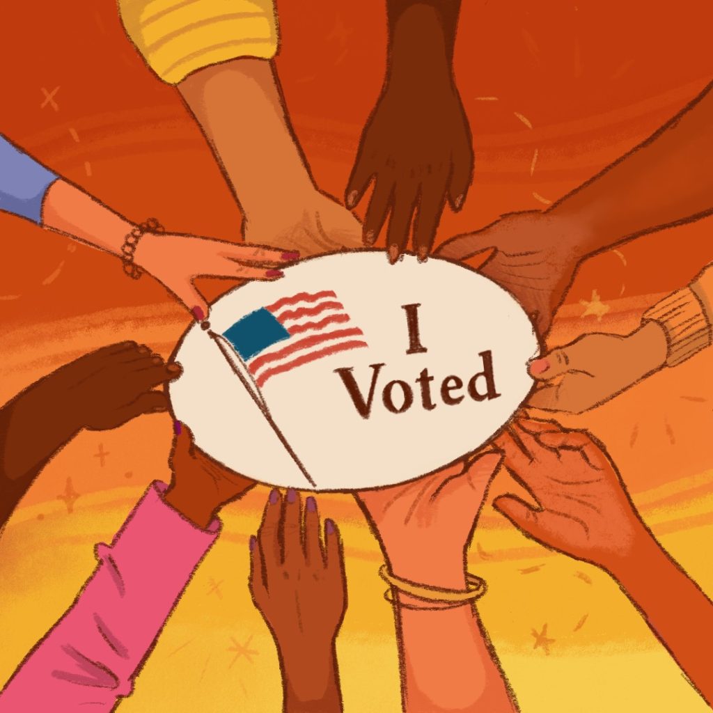 The “I voted sticker” is being held up by multiple hands, which showcases a community's diversity.