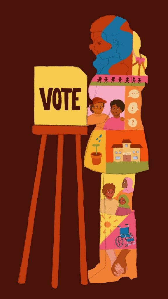 A woman with images of a diverse community, hands, children, a school, a plant— all overlaid on her as she stands at the voting booth.