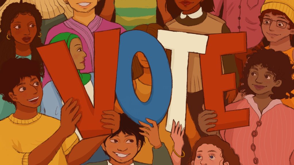 People hold up letters that form the word VOTE at a political rally.