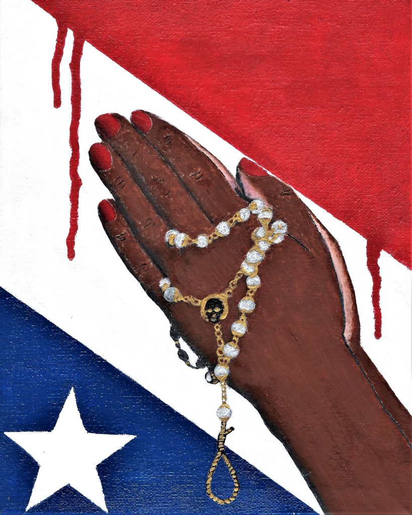 Brown hands praying and holding a rosary with a noose at the end. A red, white, and blue background with a star at the lower left of the painting.