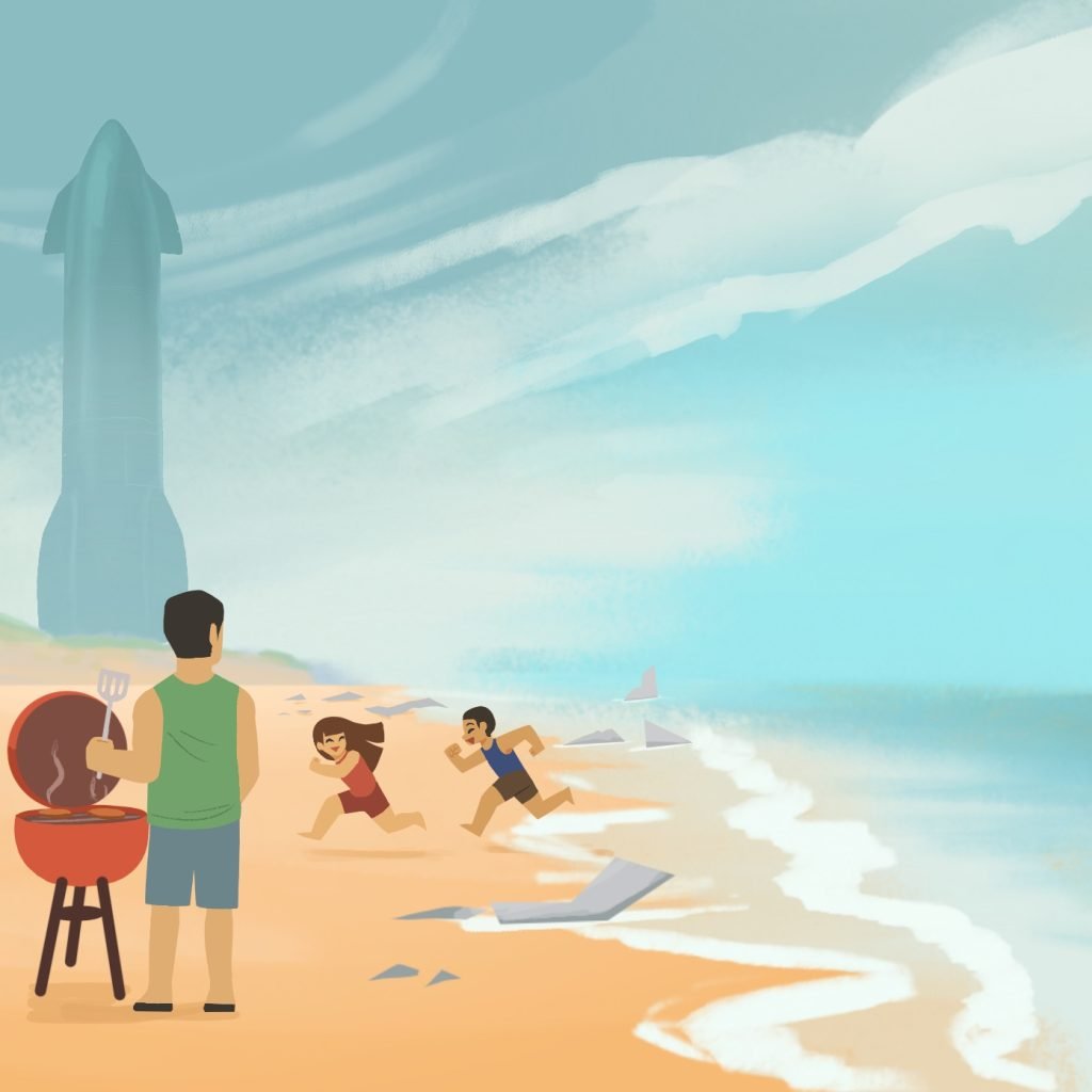 Two children running around Boca Chica Beach, trashed by SpaceX.