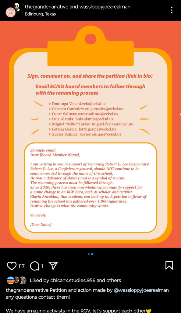 An orange flyer with a petition to rename Robert E. Lee Elementary.