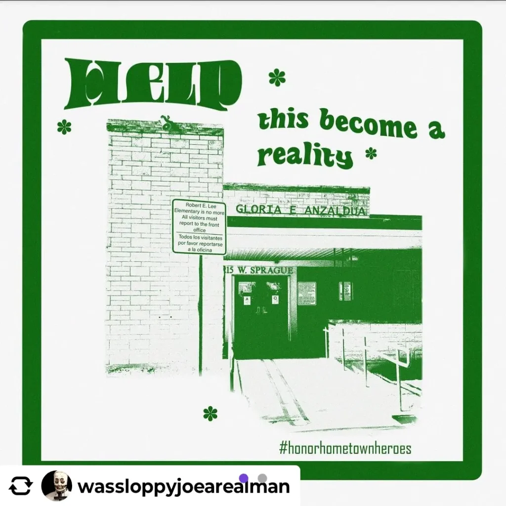 A green-colored graphic showing the Gloria E. Anzaldúa Elementary.