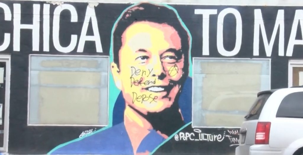 A vandalized mural of Elon Musk in Downtown Brownsville.