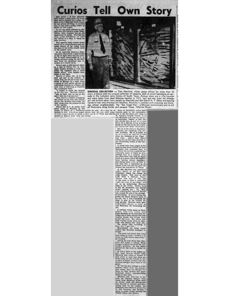 A newspaper about a historical figure named Tom Mayfield showcasing a large collection of weapons.