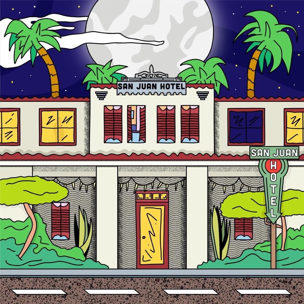 A lively illustration of the San Juan Hotel at night, a full moon behind the hotel and lights on inside the building.