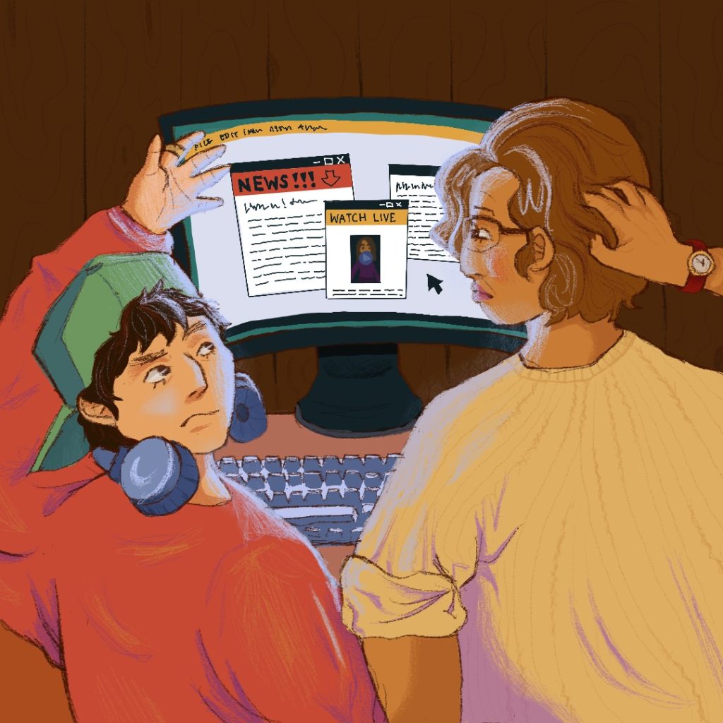 A younger person in a green cap and an older lady in a yellow shirt stare at a computer screen that has news flashes on it.