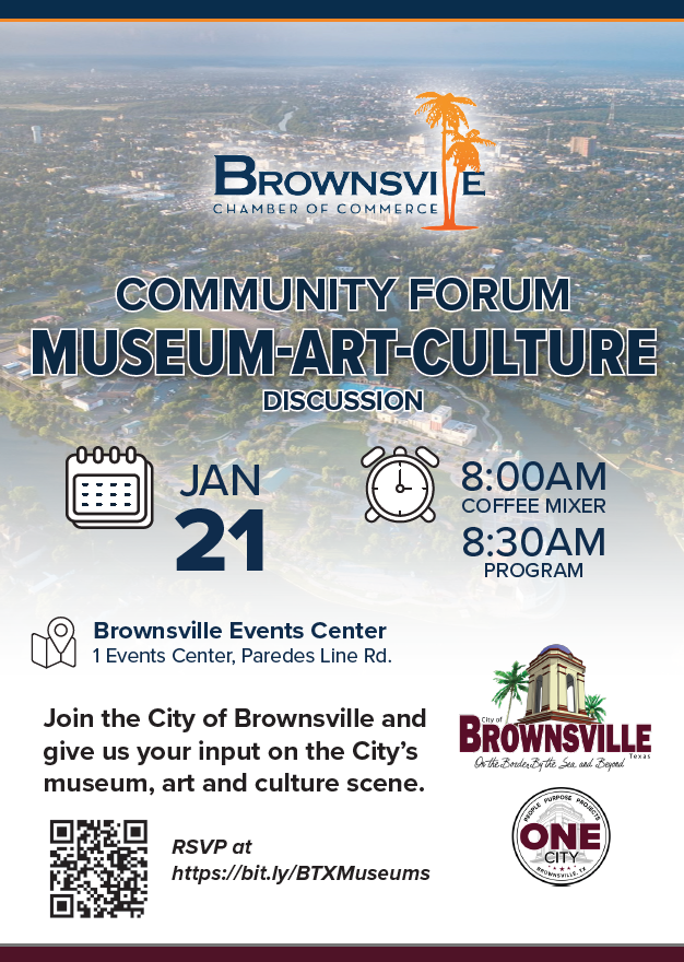 Flyer for the first community meeting around the Brownsville City’s museums, art and culture.