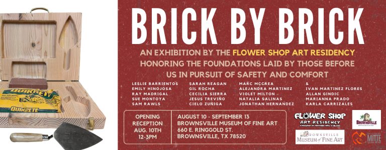 Group exhibition flyer in deep maroon background with list of artists and title "Brick by Brick" on top.