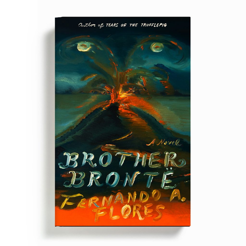 Cover of the book "Brother Bronte" of what looks like a volcano in the background errupting.