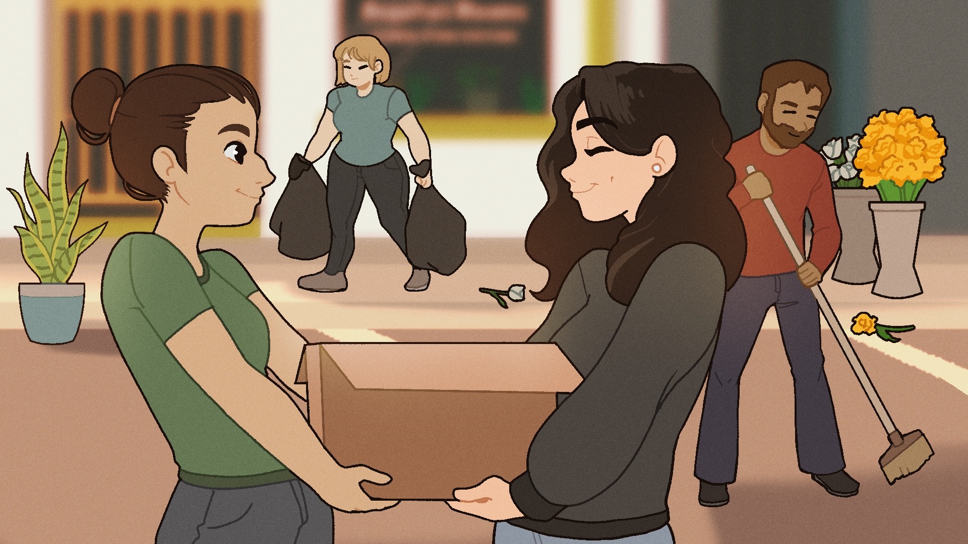 Illustration of two people holding a box together while others help clean up in the background.