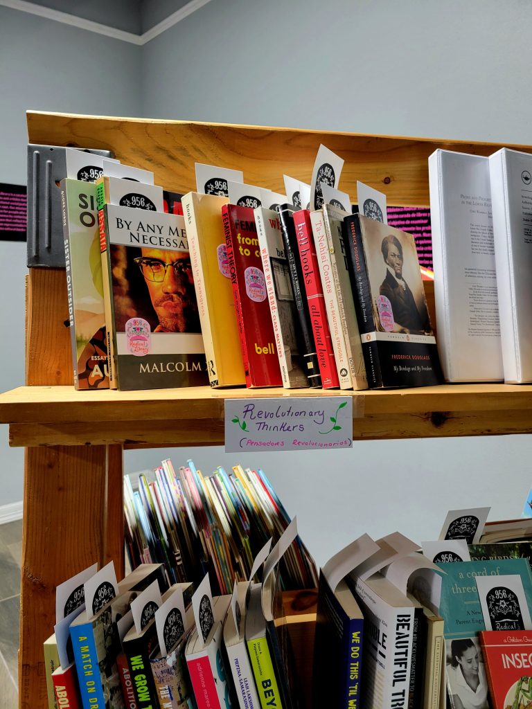 A close-up shot of the “Revolutionary Thinkers” section of the 956 Radical Library’s collection