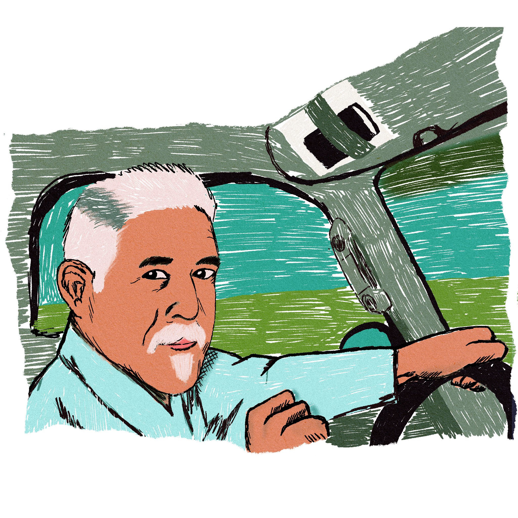 A man in a truck driving.