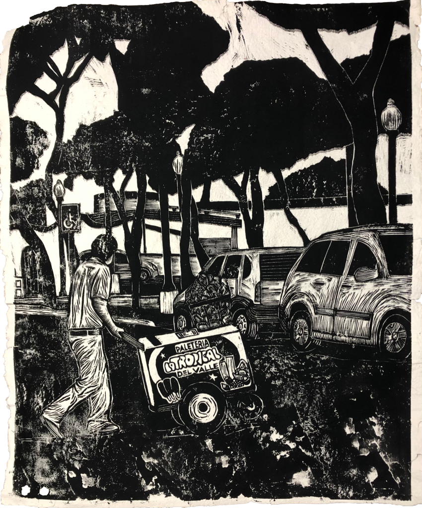 A black and white print of a man selling ice pops, holding a cart.