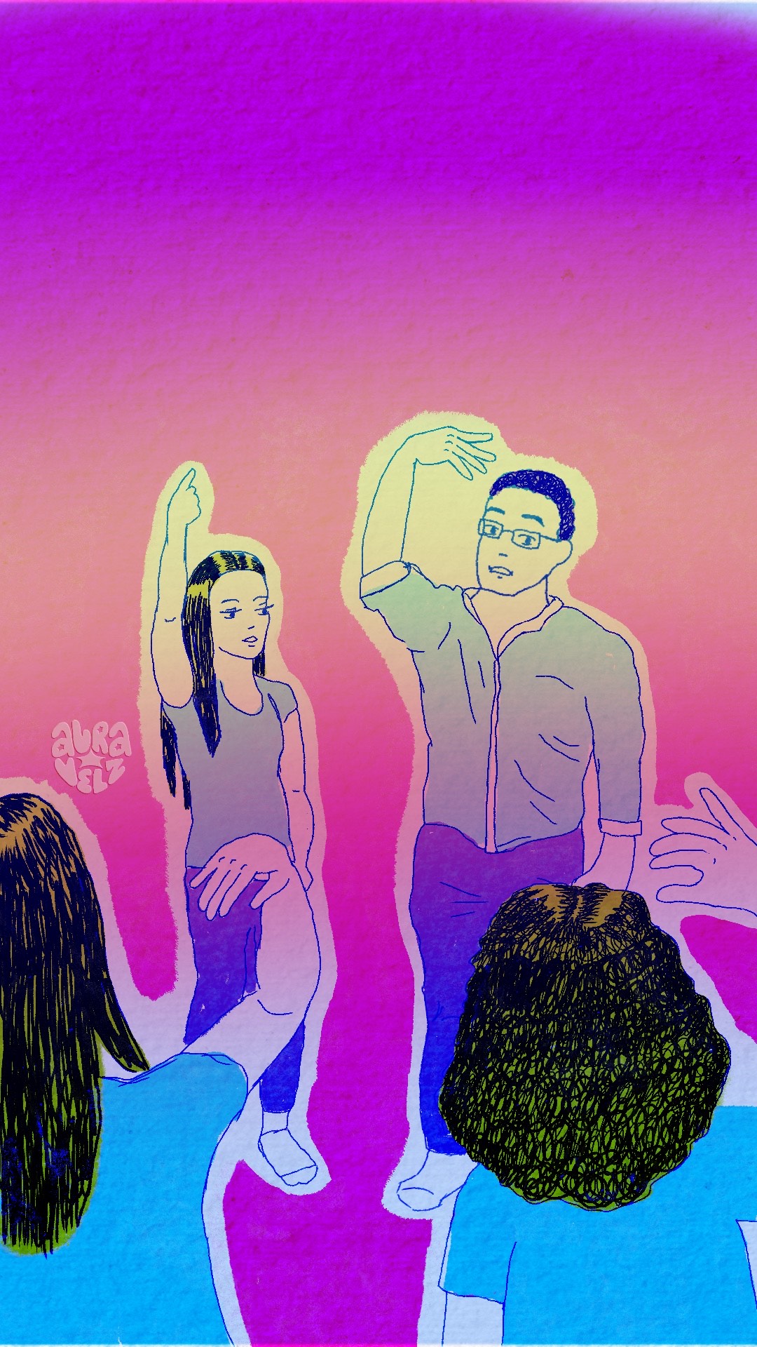 A small group of people practice theater exercises together.