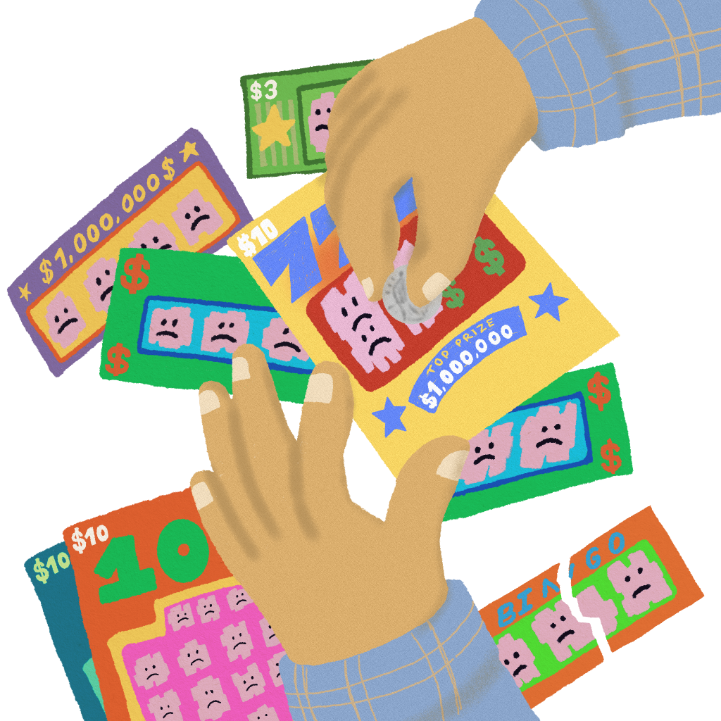 A hand holding many scratched off lotto tickets.