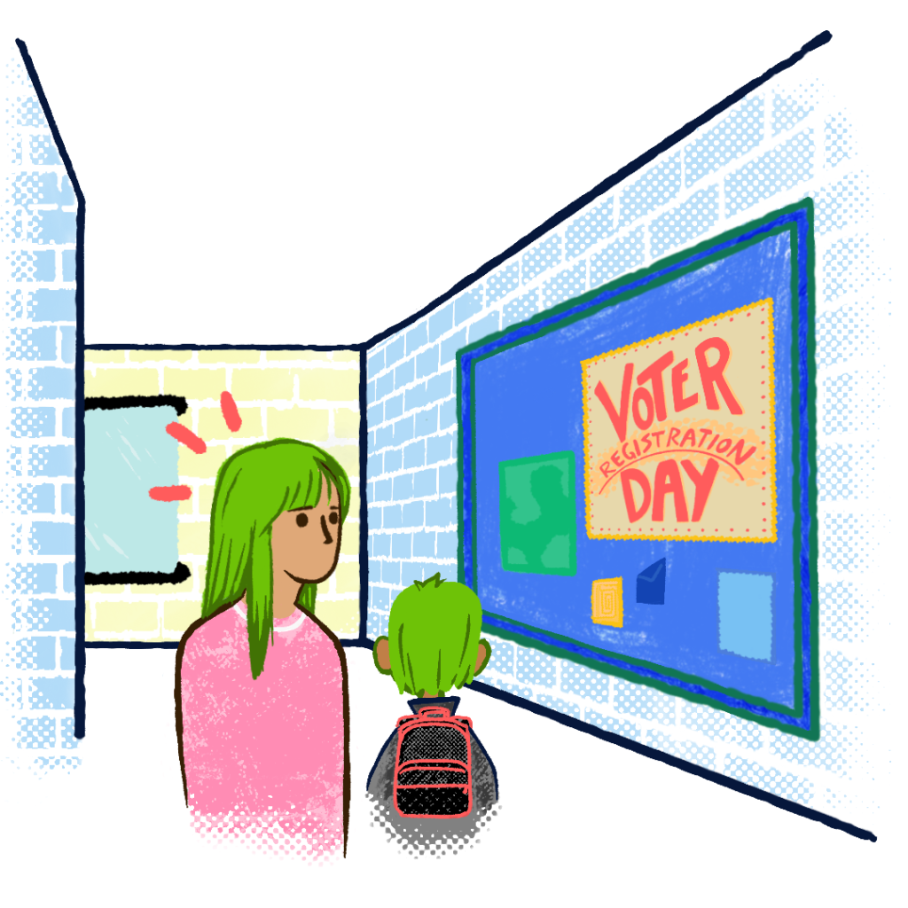 A mother and a child walking down a school hallway. The mother is looking at a bulletin board with a sign that reads "Voter Day."