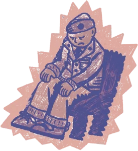 An illustration of a disheartened soldier, handcuffed on his arms and legs.