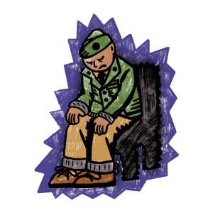 An illustration of a disheartened soldier, handcuffed on his arms and legs.
