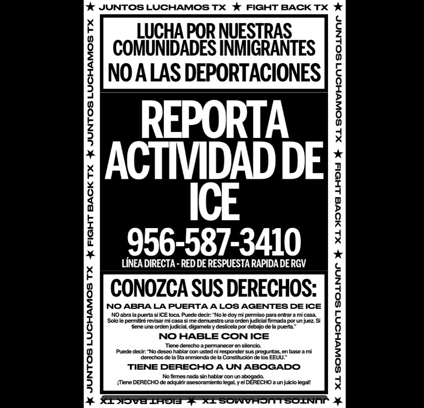 A flyer in Spanish for reporting ICE sightings in the Rio Grande Valley.