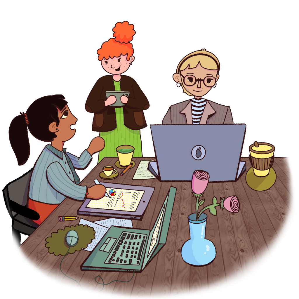 An illustration of three women dressed professionally, working together.