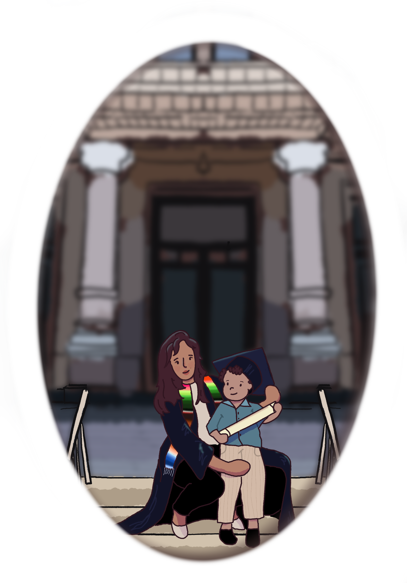 An illustration of a graduate and her son at the Texas Capitol building. Illustration by Dámaris Contreras.