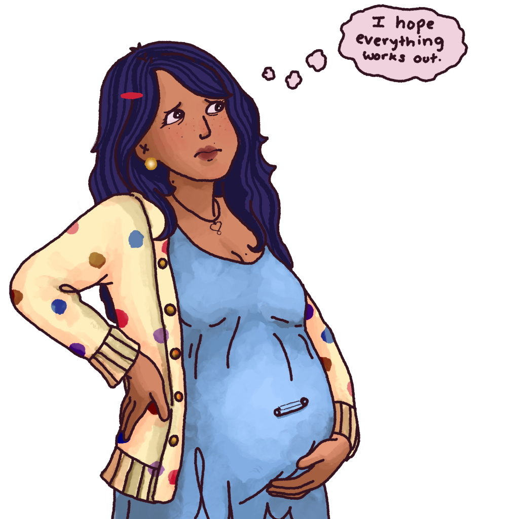 Illustration of a pregnant lady looking worried.