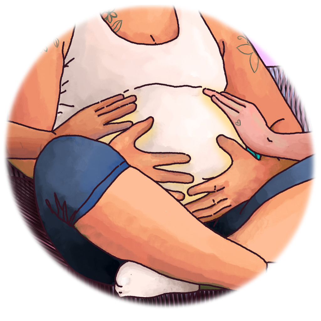 A pregnant belly with hands touching it with care.