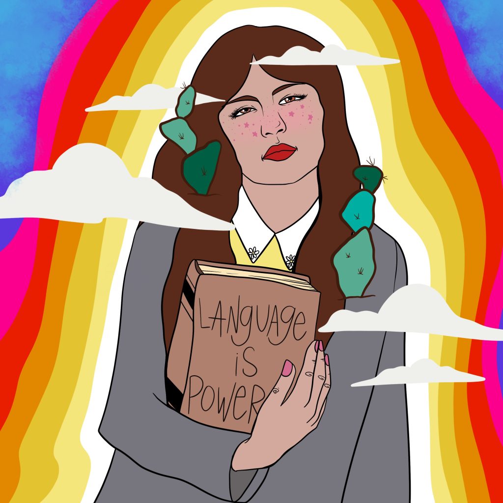 An illustration of a woman holding a book titled “Language is Power.”