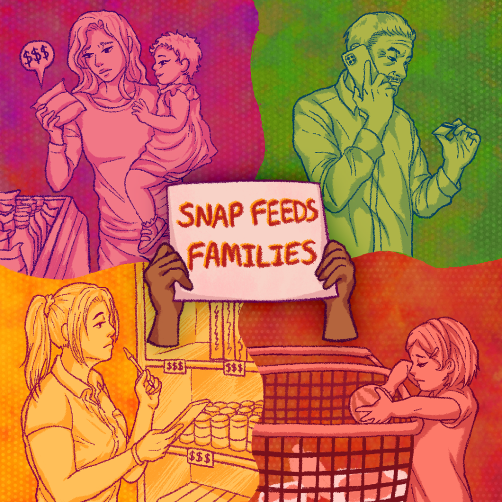Illustration of various people worried about grocery prices 