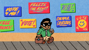 A colorful illustration of someone walking to work surrounded by flyers.