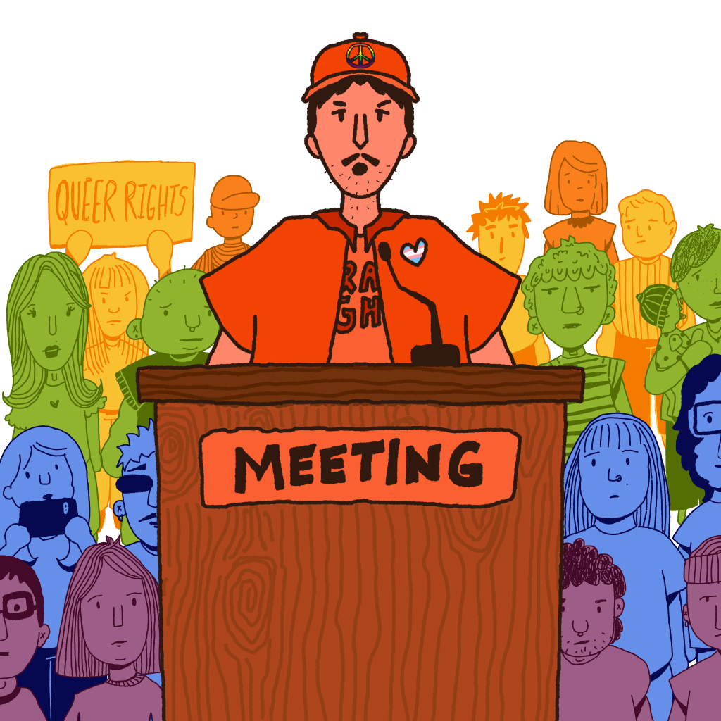 An illustration of a group of people at a city meeting for queer rights.