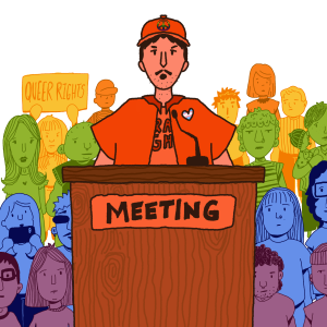 An illustration of a group of people at a city meeting for queer rights.