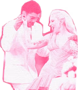 A pink and white edited photo of Bad Bunny and Lady Gaga dancing together.