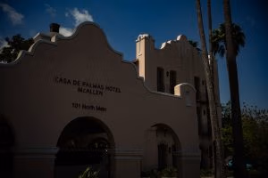 Creepy photo of the front of the Casa de Palmas hotel in McAllen, Texas.